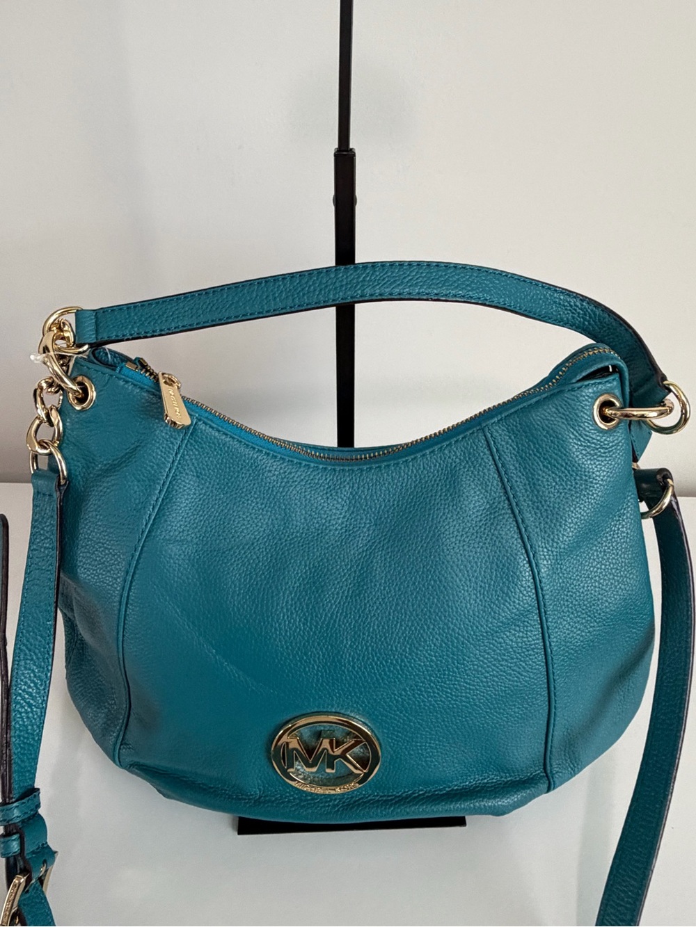 Michael Kors Teal Pebbled Leather Hobo Shoulder Bag with Gold Hardware